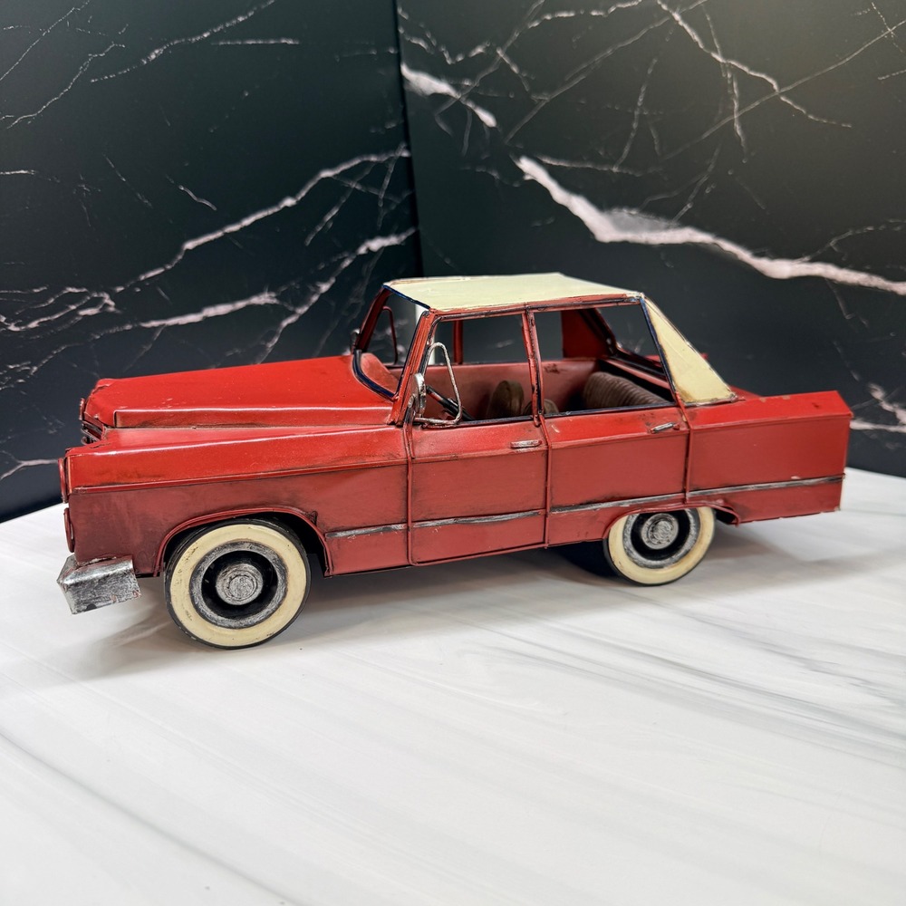 Large Metal Vintage Style Red Cadillac Car Model Home Decor 12" Distressed